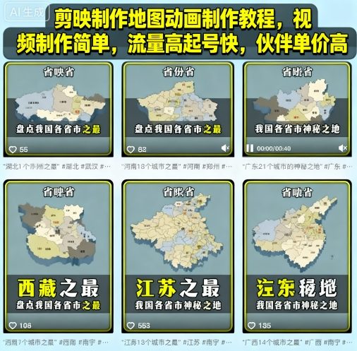 剪映制作地图动画制作教程，视频制作简单，流量高起号快，伙伴单价高-甄选网创
