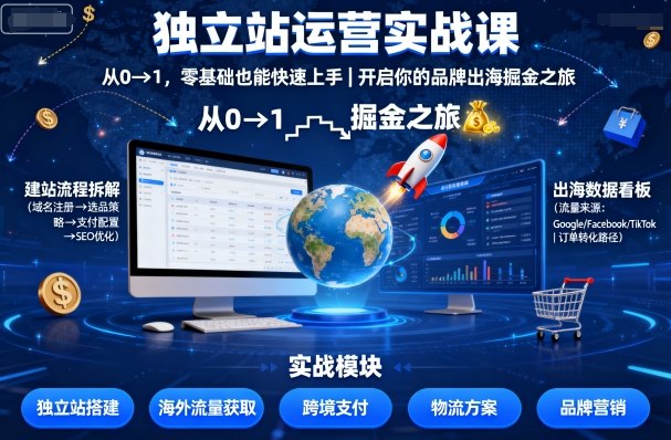独立站运营实战课，​从0到1，零基础也能快速上手，开启你的品牌出海掘金之旅-甄选网创
