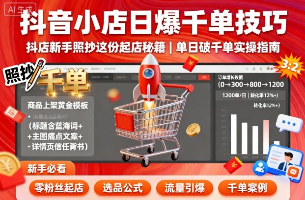 抖音小店日爆千单技巧，抖店新手照抄这份起店秘籍，单日破千单-甄选网创