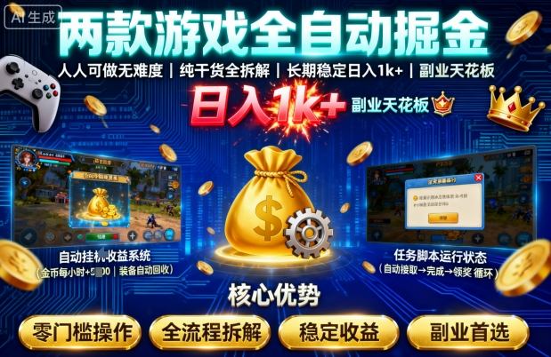 两款游戏全自动掘金，人人可做无难度，纯干货全拆解，长期稳定，日入1k+，副业天花板【揭秘】-甄选网创