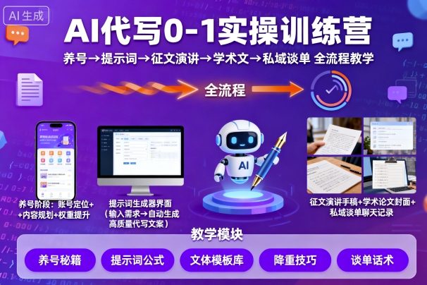 AI代写0-1实操训练营，从养号、提示词、征文演讲、学术文，到私域谈单的全流程教学-甄选网创