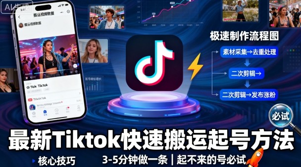 最新Tiktok快速搬运快速起号方法，3-5分钟做一条，起不来的号可以试试-甄选网创