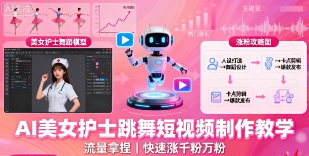 AI美女护士跳舞短视频制作教学，流量拿捏，快速涨千粉万粉【提示词+视频教程】-甄选网创