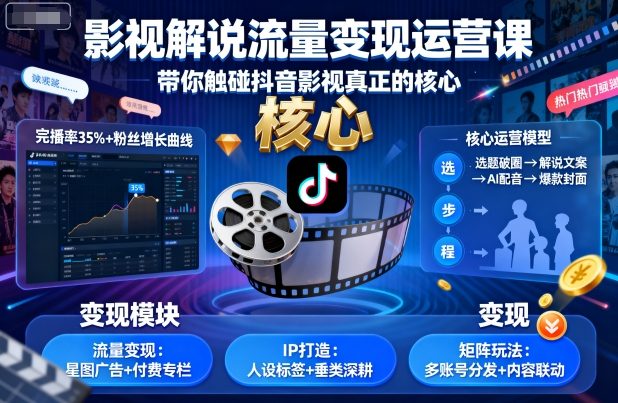 影视解说流量变现运营课，带你触碰抖音影视真正的核心-甄选网创