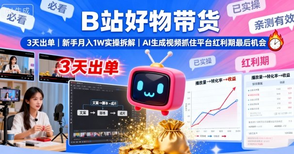 B站好物带货，3天出单，新手月入1W实操拆解，AI生成视频，抓住平台红利期最后机会-甄选网创