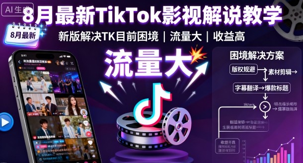 8月最新TikTok影视解说教学，新版解决TK目前困境，流量大，收益高-甄选网创
