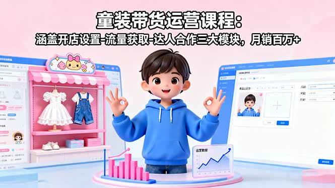 （16081期）童装带货运营课程：涵盖开店设置-流量获取-达人合作三大模块，月销百万+-甄选网创