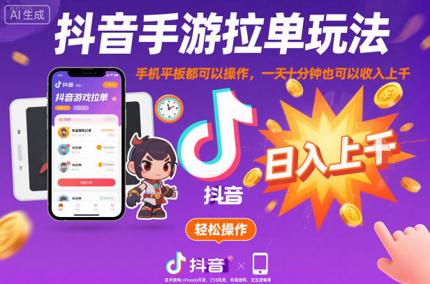 抖音手游拉单玩法，手机平板都可以操作，一天十分钟也可以收入上K【揭秘】-甄选网创