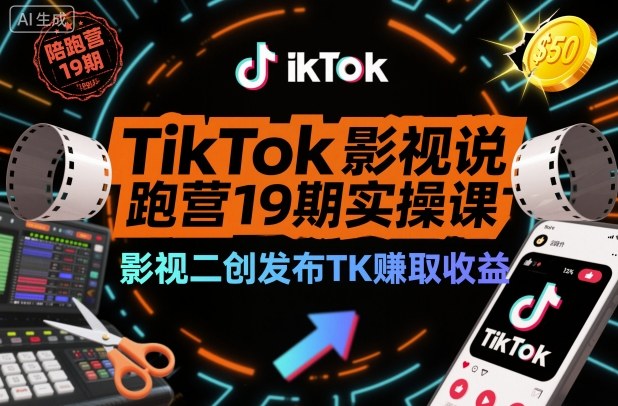 TikTok影视解说陪跑营19期实操课，影视二创发布TK賺取收益，万播收益50美金（更新）-甄选网创