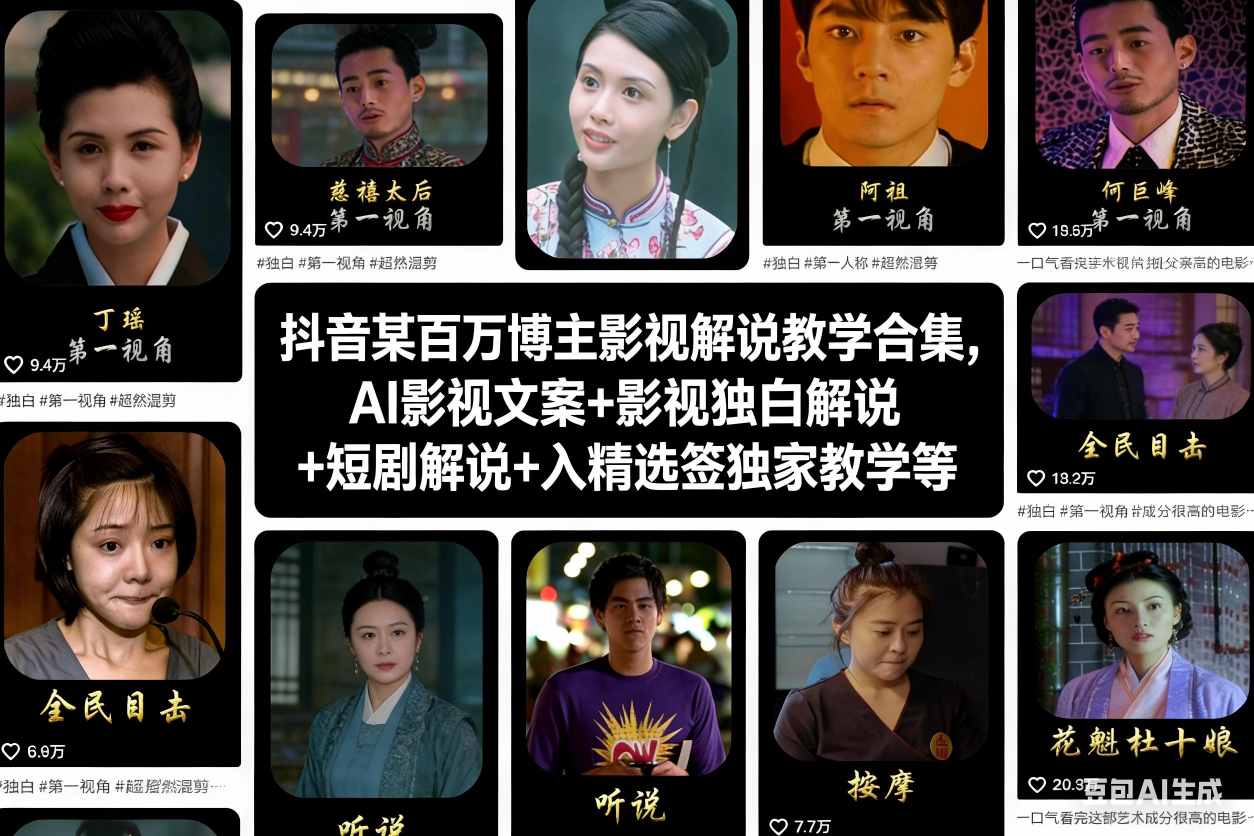 抖音某百万博主影视解说教学合集，AI影视文案+影视独白解说+短剧解说+入精选签独家教学等-甄选网创