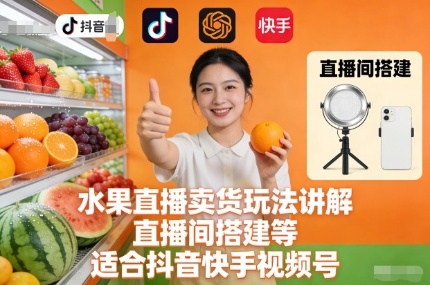 水果直播卖货玩法讲解、直播间搭建等，适合抖音快手视频号-甄选网创
