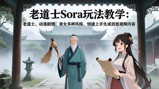 （16862期）老道士Sora玩法教学：老道士、动漫剧情、美女多种风格，快速上手生成创意视频内容-甄选网创