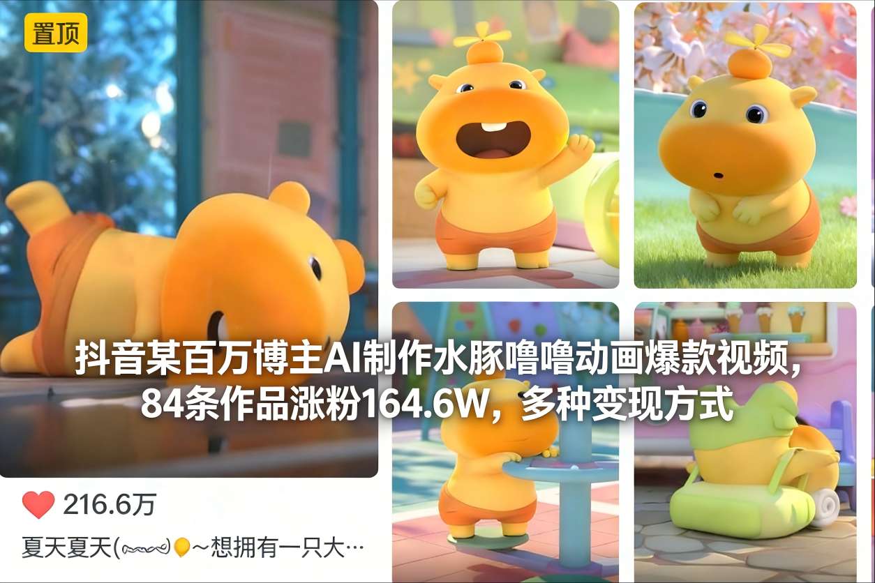 抖音某百万博主AI制作水豚噜噜动画爆款视频，84条作品涨粉164.6W，多种变现方式-甄选网创