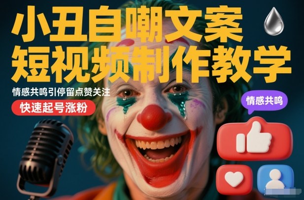 小丑自嘲文案短视频制作教学，情感共鸣引停留点赞关注，快速起号涨粉-甄选网创
