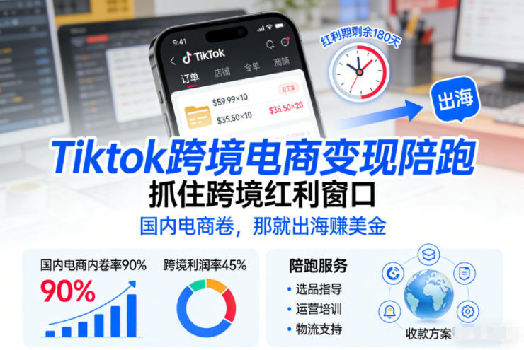 Tiktok跨境电商变现陪跑，抓住跨境红利窗口，国内电商卷，那就出海賺美金-甄选网创