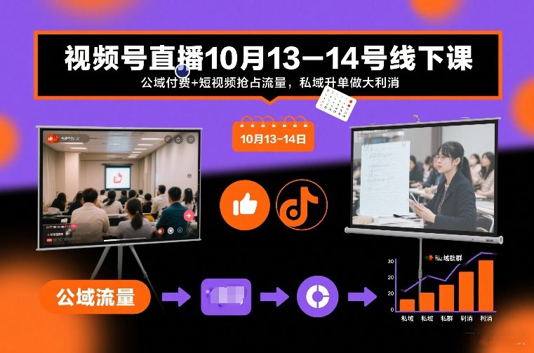 视频号直播10月13-14号线下课，公域付费+短视频抢占流量，私域升单做大利消-甄选网创