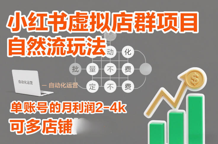 小红书虚拟店群项目，自然流玩法，批量自动化，稳定不费号，单账号的月利润2-4k，可多店矩阵-甄选网创