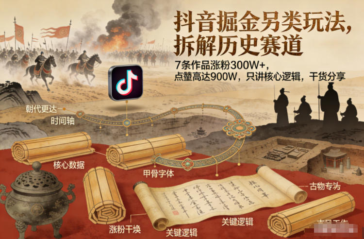 抖音掘金另类玩法，拆解历史赛道，7条作品涨粉300W+，点赞量高达900W，只讲核心逻辑，干货分享-甄选网创