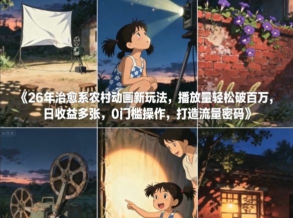 26年治愈系农村动画新玩法，播放量轻松破百万，日收益多张，0门槛操作，打造流量密码-甄选网创