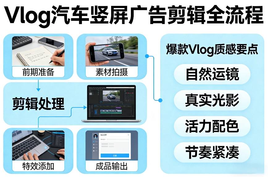 Vlog感觉汽车竖屏广告剪辑脚本全流程，拿捏爆款Vlog质感-甄选网创