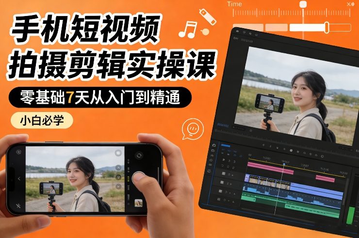 手机短视频拍摄剪辑实操课，零基础7天从入门到精通，小白必学-甄选网创