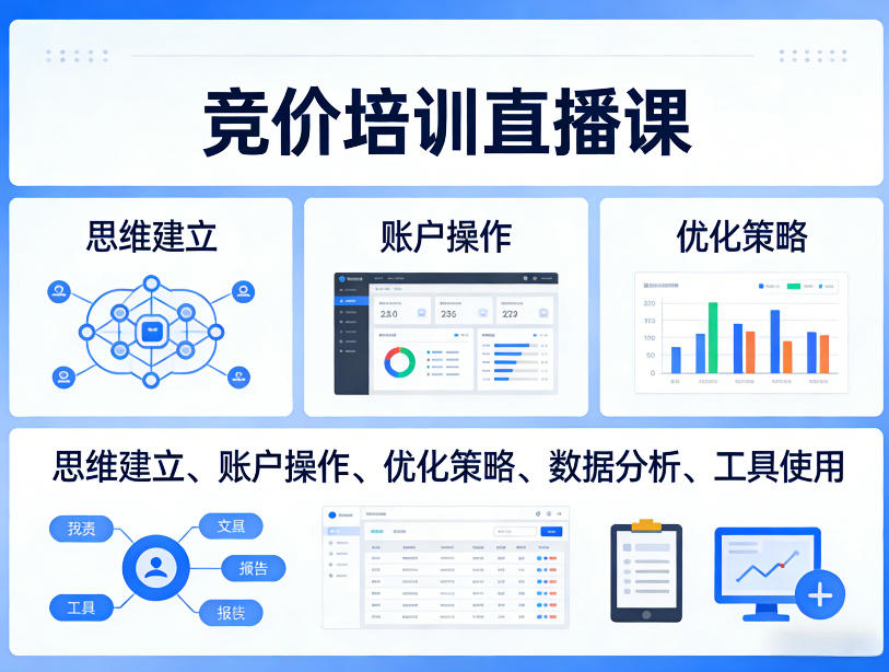 竞价培训直播课，覆盖思维建立、账户操作、优化策略、数据分析、工具使用等，全方位提升效果-甄选网创