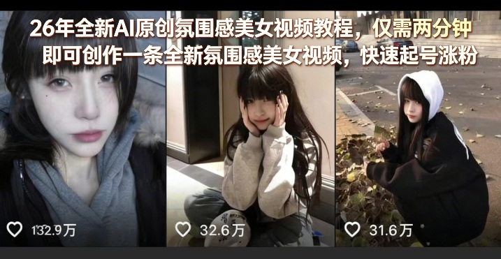 26年全新AI原创氛围感美女视频教程，仅需两分钟即可创作一条全新氛围感美女视频，快速起号涨粉-甄选网创